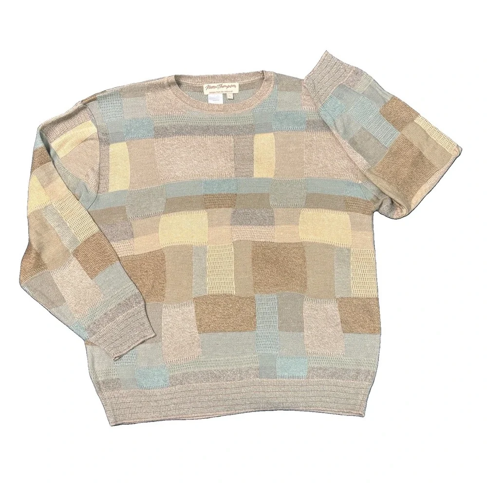 VTG Norm Thompson Patchwork Knit Sweater Large L EUC Geometric Block Pattern 90s